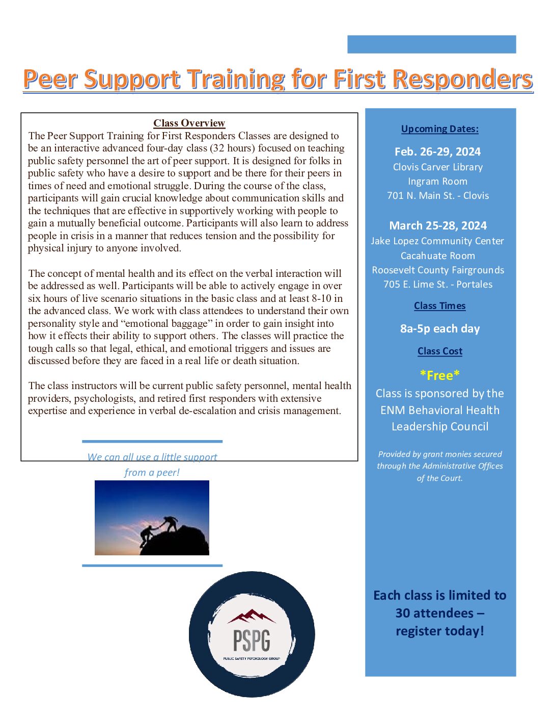 Peer Support for First Responders Training Classes